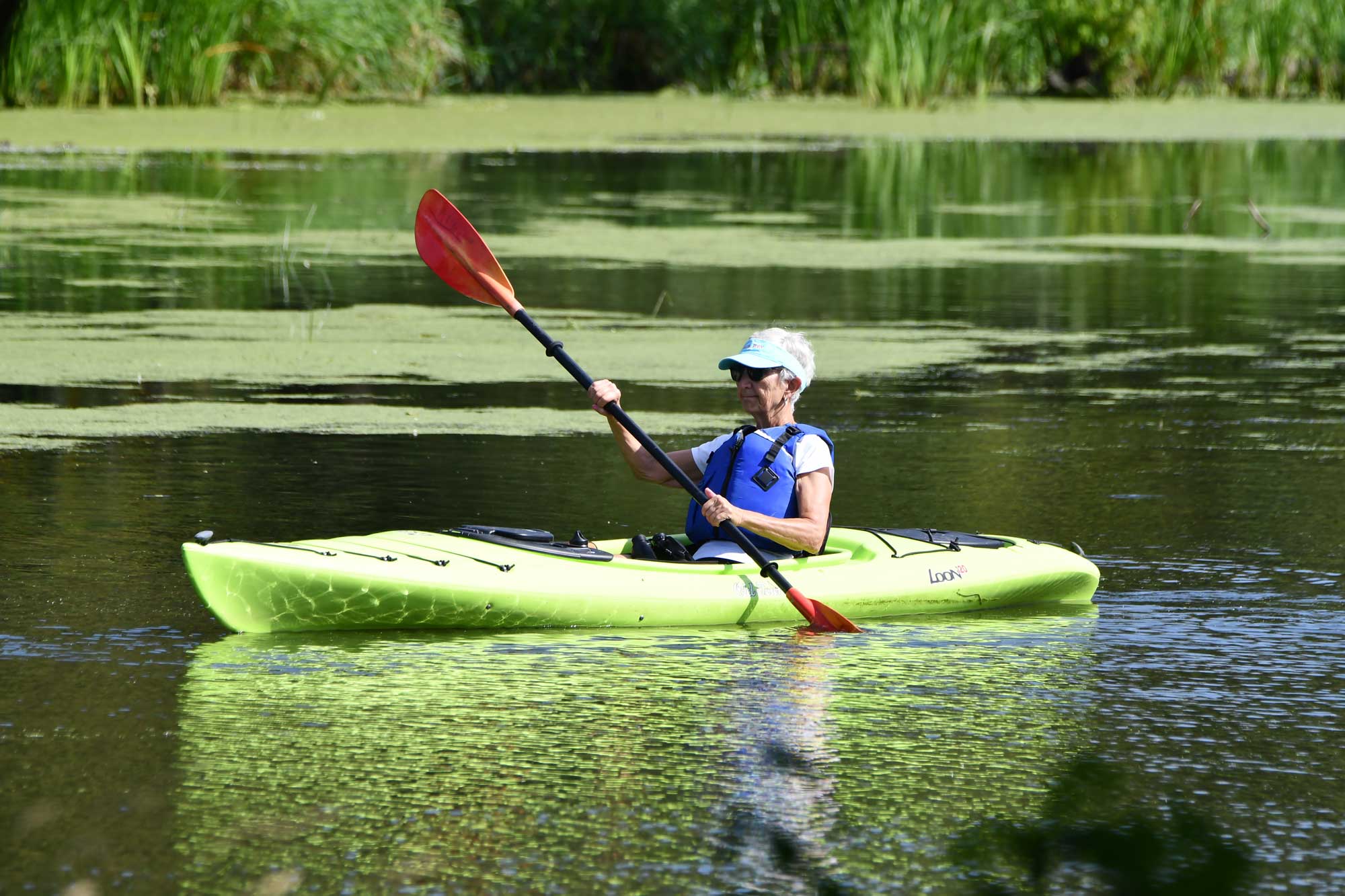 Person in a kayak with tall grasses in the background.