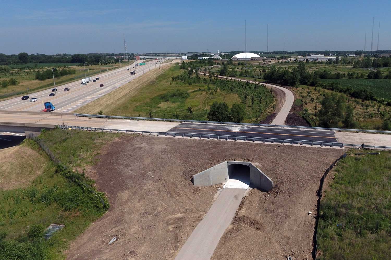 Aerial view of newly installed tunnel under road