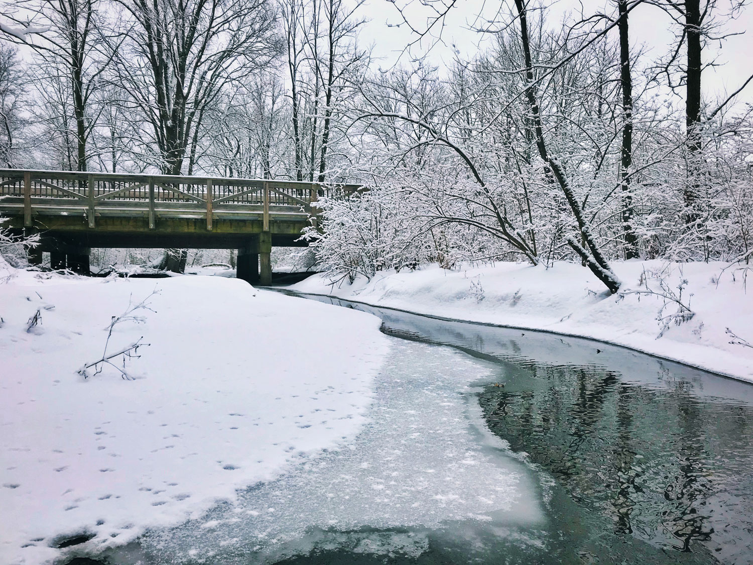 A partially frozen stream in a snowy landscape.