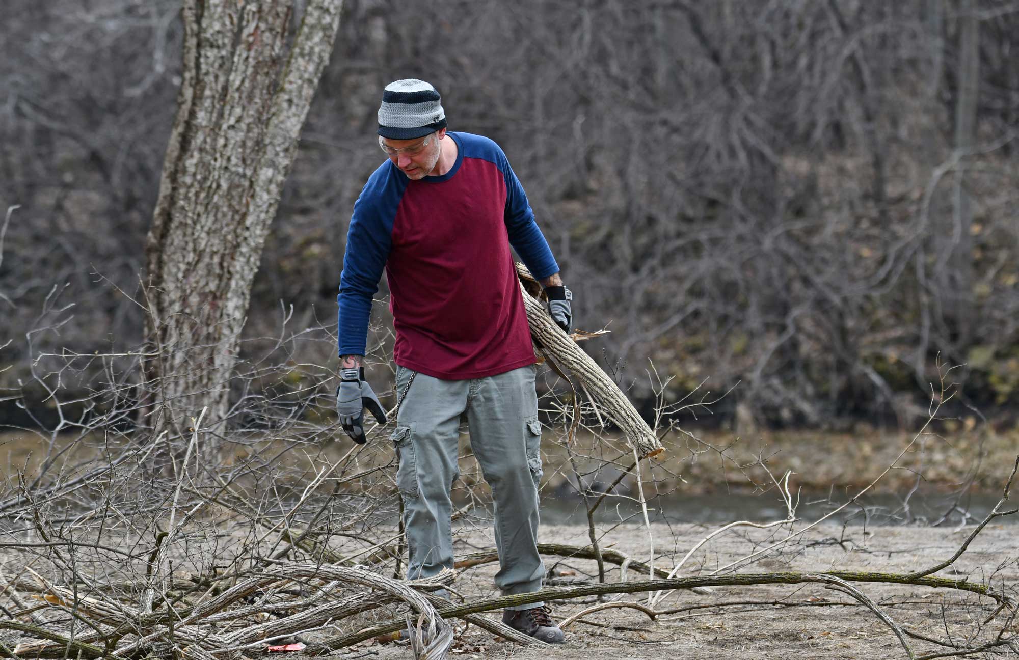 A volunteer removes brush from a forest preserve.