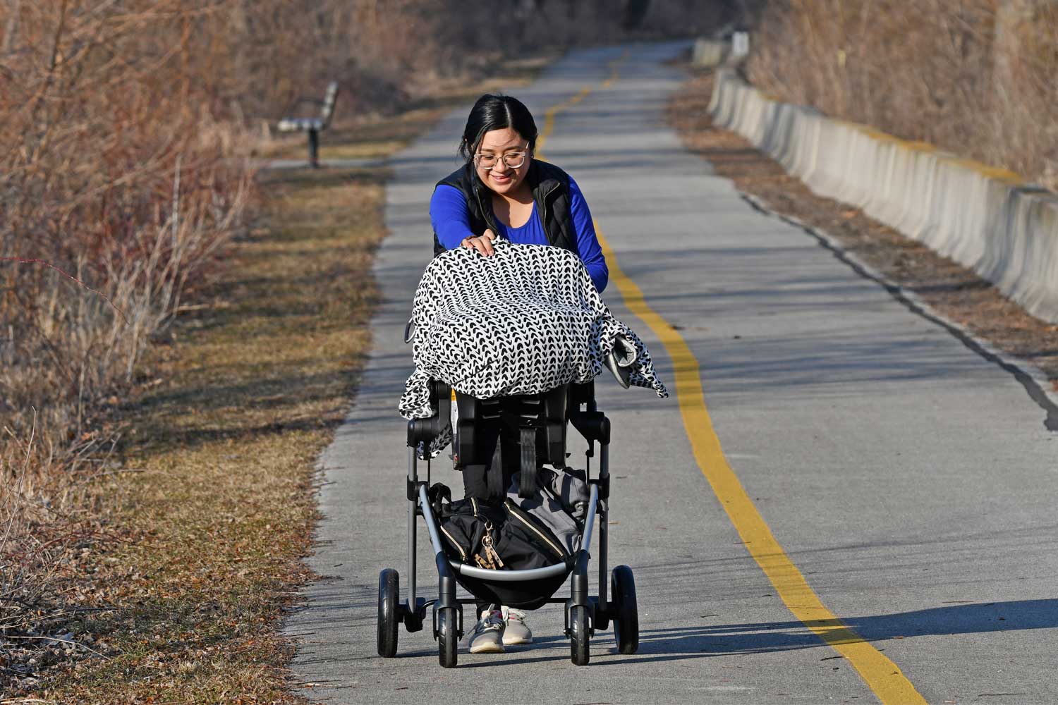 Person walking with a stroller on a trail.