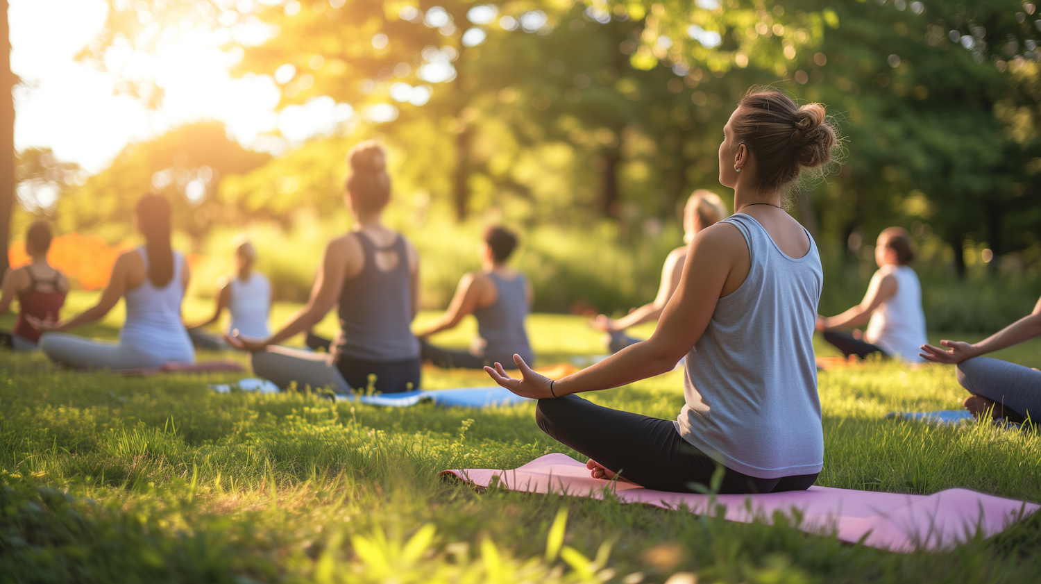 A group of people sitting cross-legged in a yoga pose on yoga mats in the grass. Sunlight is streaming through the trees.