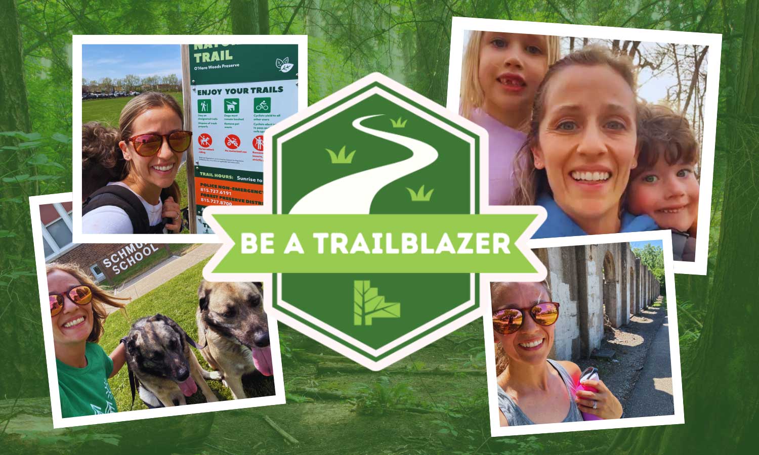 A collage featuring Liz Lyons enjoying outdoor trail activities. At the center is a green badge-style graphic with a winding trail icon and the words “Be a Trailblazer.” 