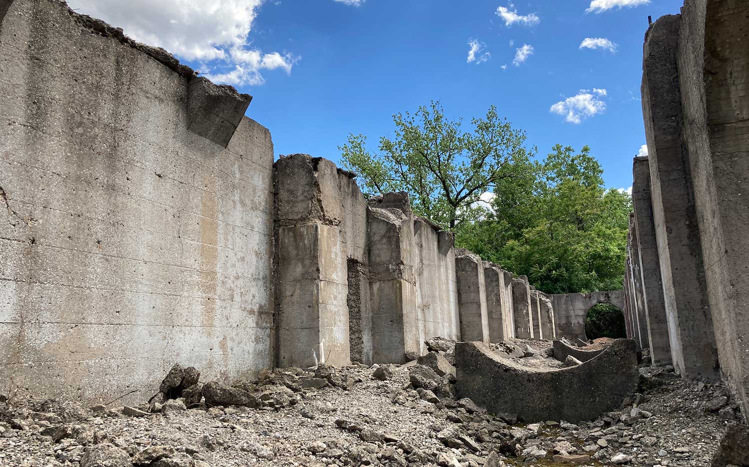 Concrete ruins of an old steel mill.
