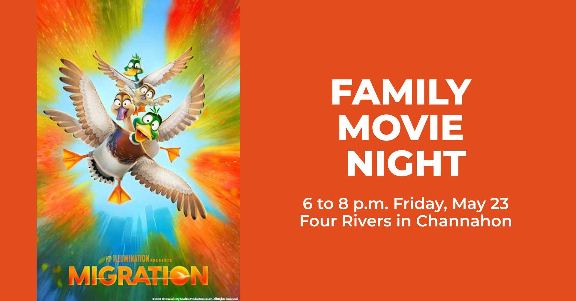 A movie posted for the movie "Migration" featuring a family of animated ducks in flight.