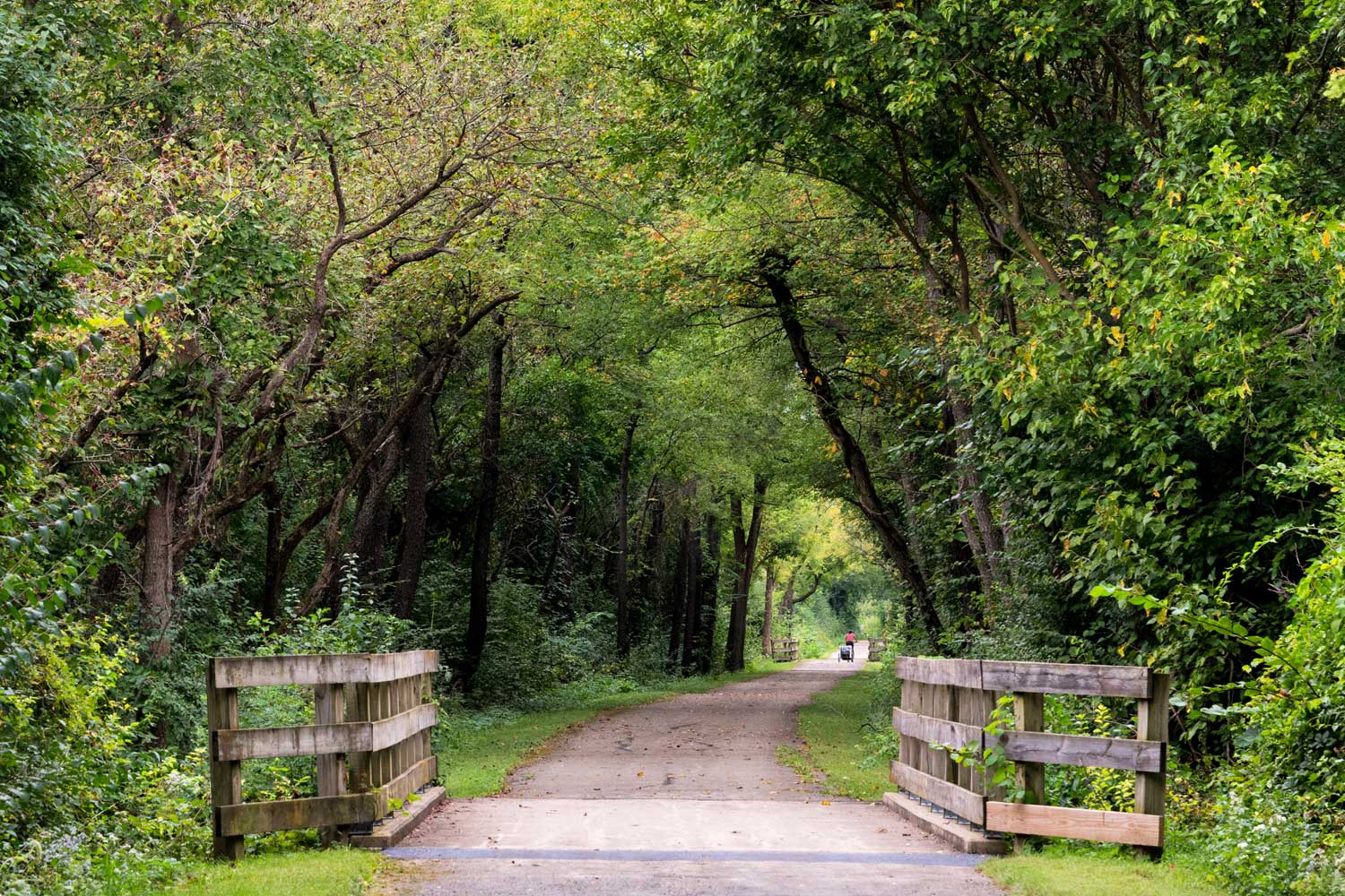 Person biking in the distance on a paved trail.