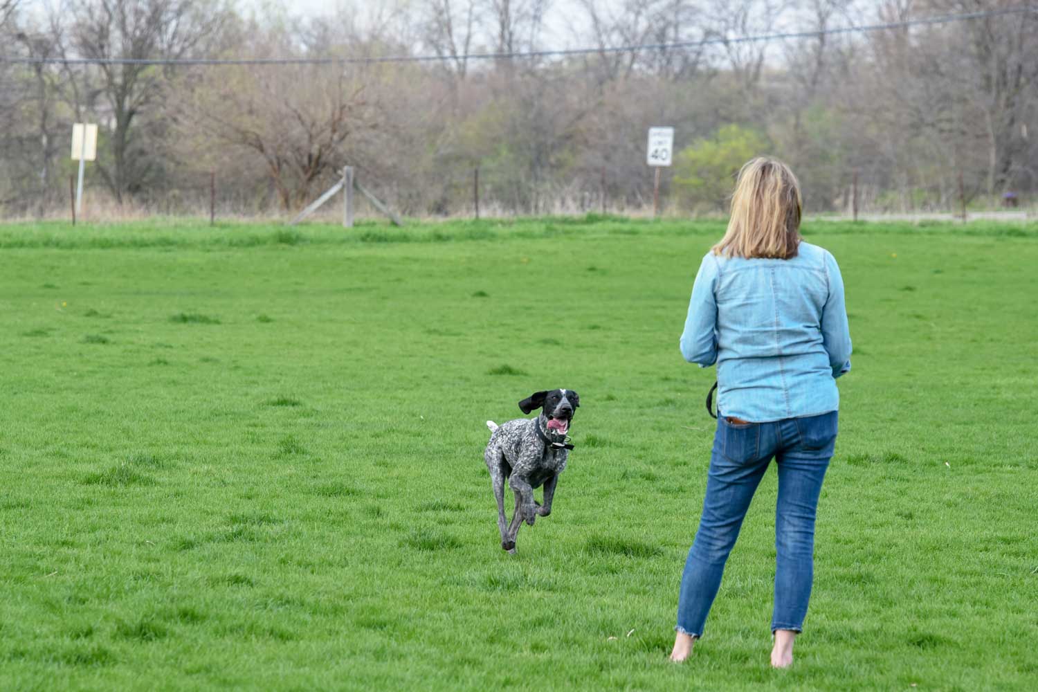 A dog park visitor with her dog.