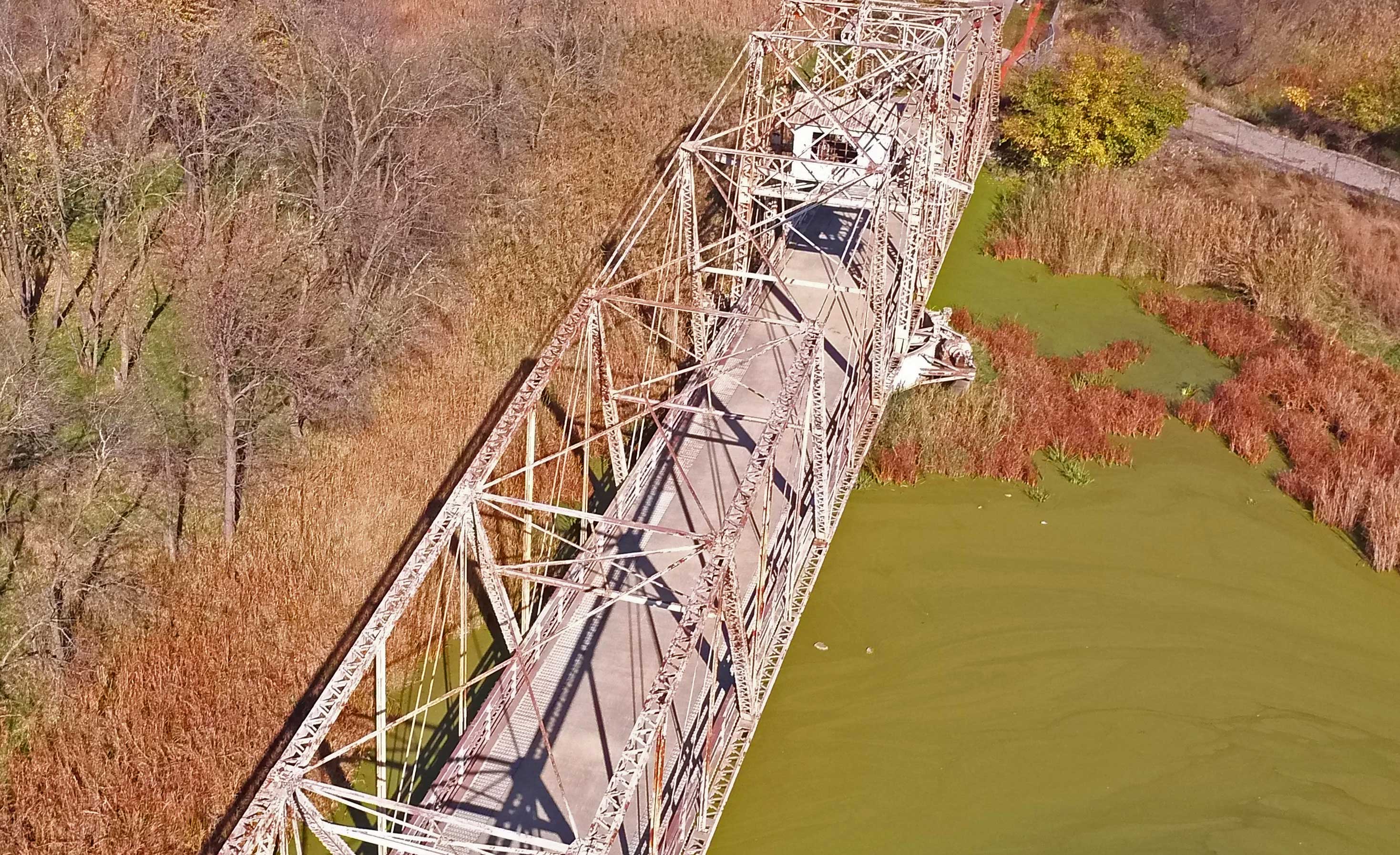 An aerial view of the swing bridge along the Centennial Trail.