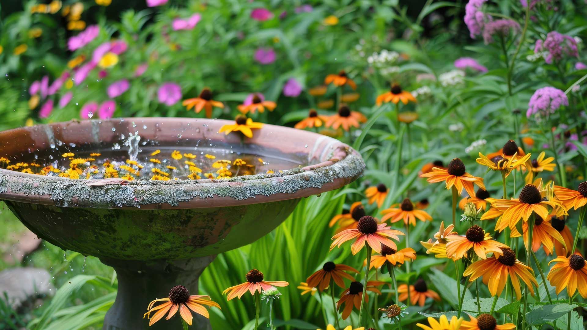 Shallow birdbath with splashing water and floating yellow petals, surrounded by blooming coneflowers and other native garden plants in a lush, colorful setting.
