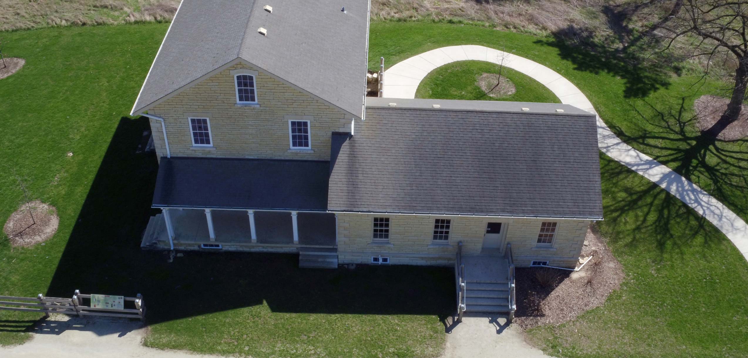 Aerial view of a historic building at Riverview Farmstead.