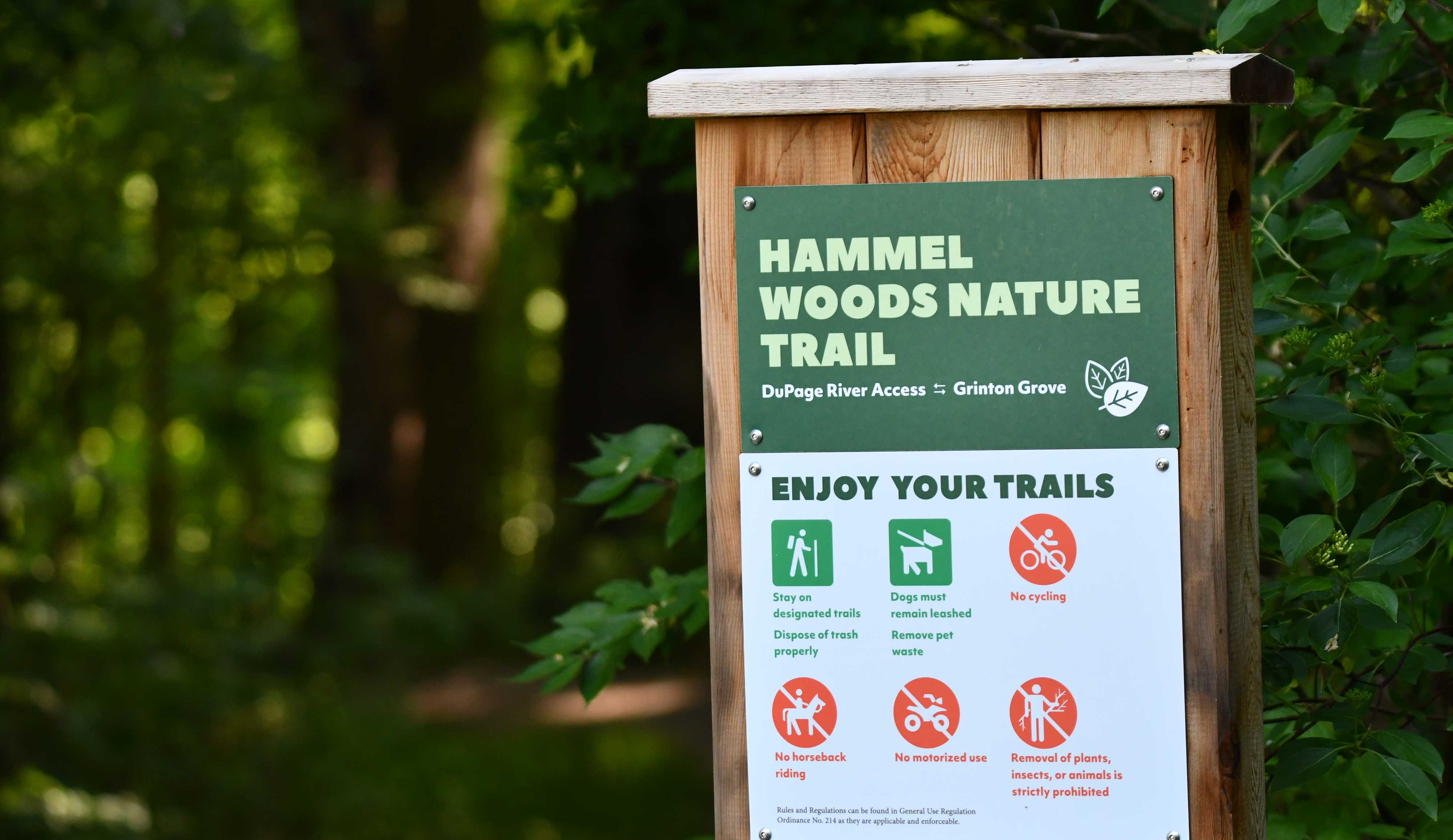 A trailhead sign at Hammel Woods.