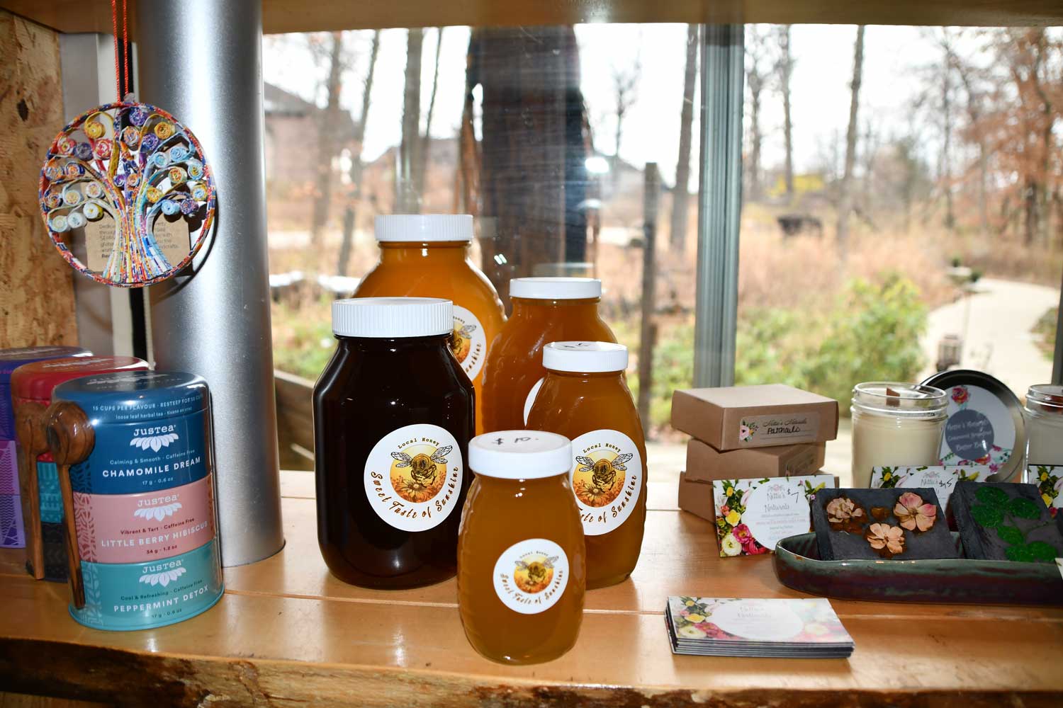 A close-up of gift shop items for sale.