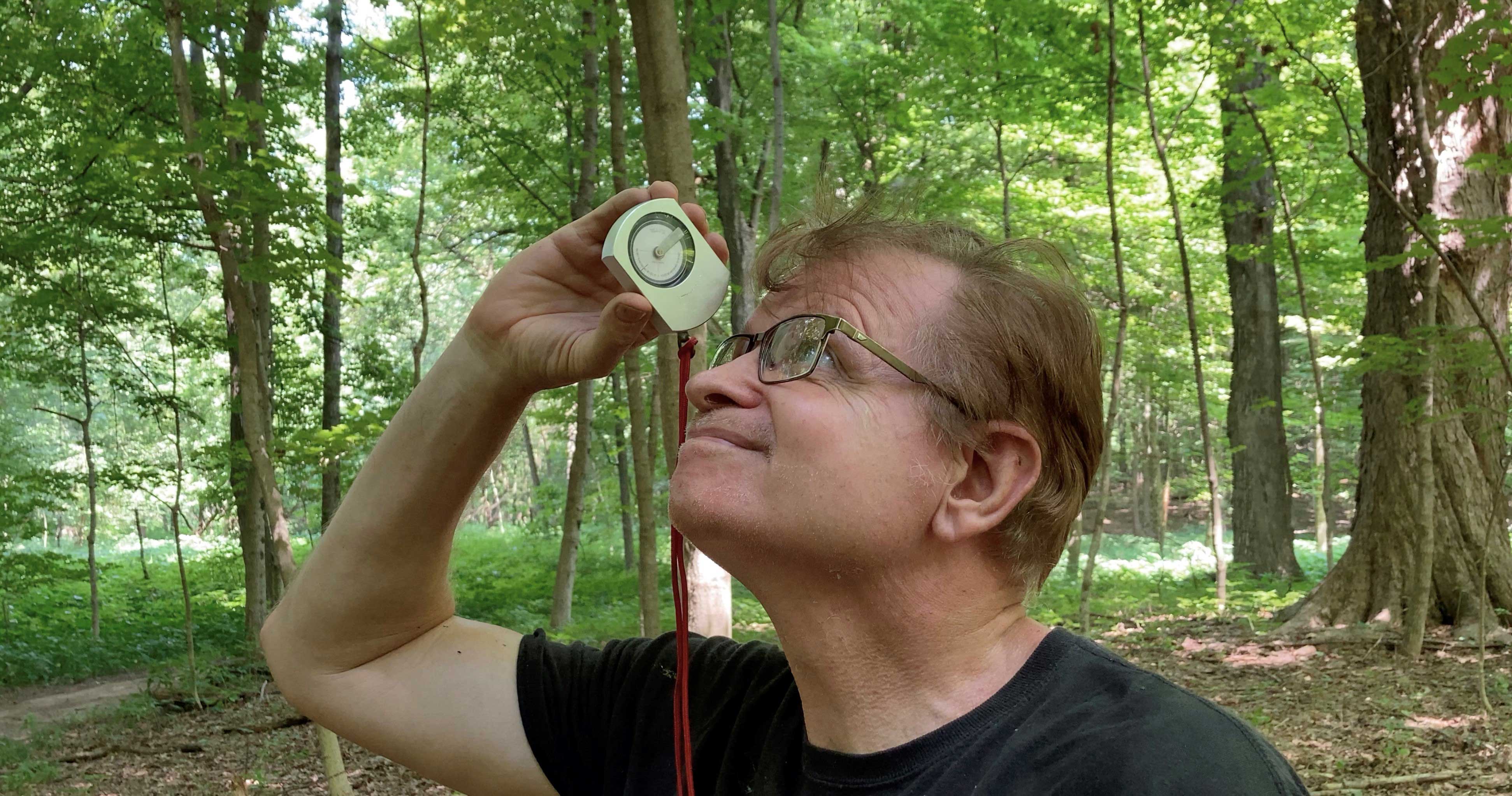 Dave Shepard looking up at a tree.