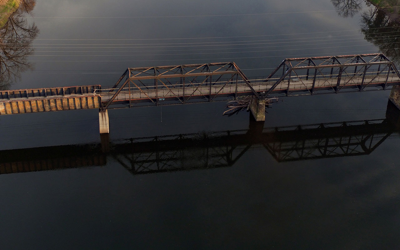 Aerial view of a bridge along the Wauponsee Glacial Trail.