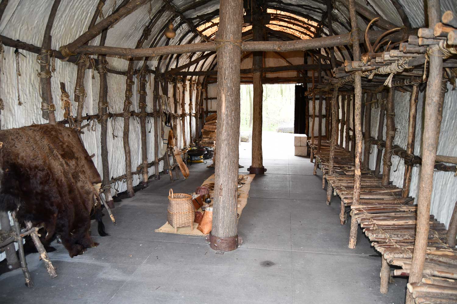 The interior of a replica longhouse.