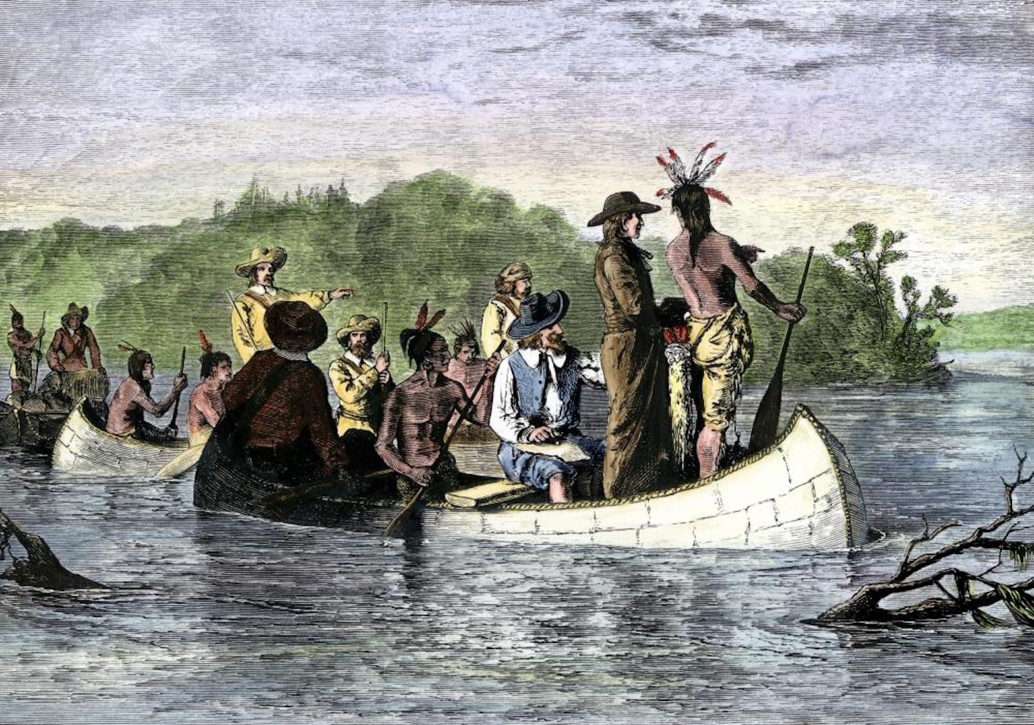 A painting of voyageurs traveling by canoe.