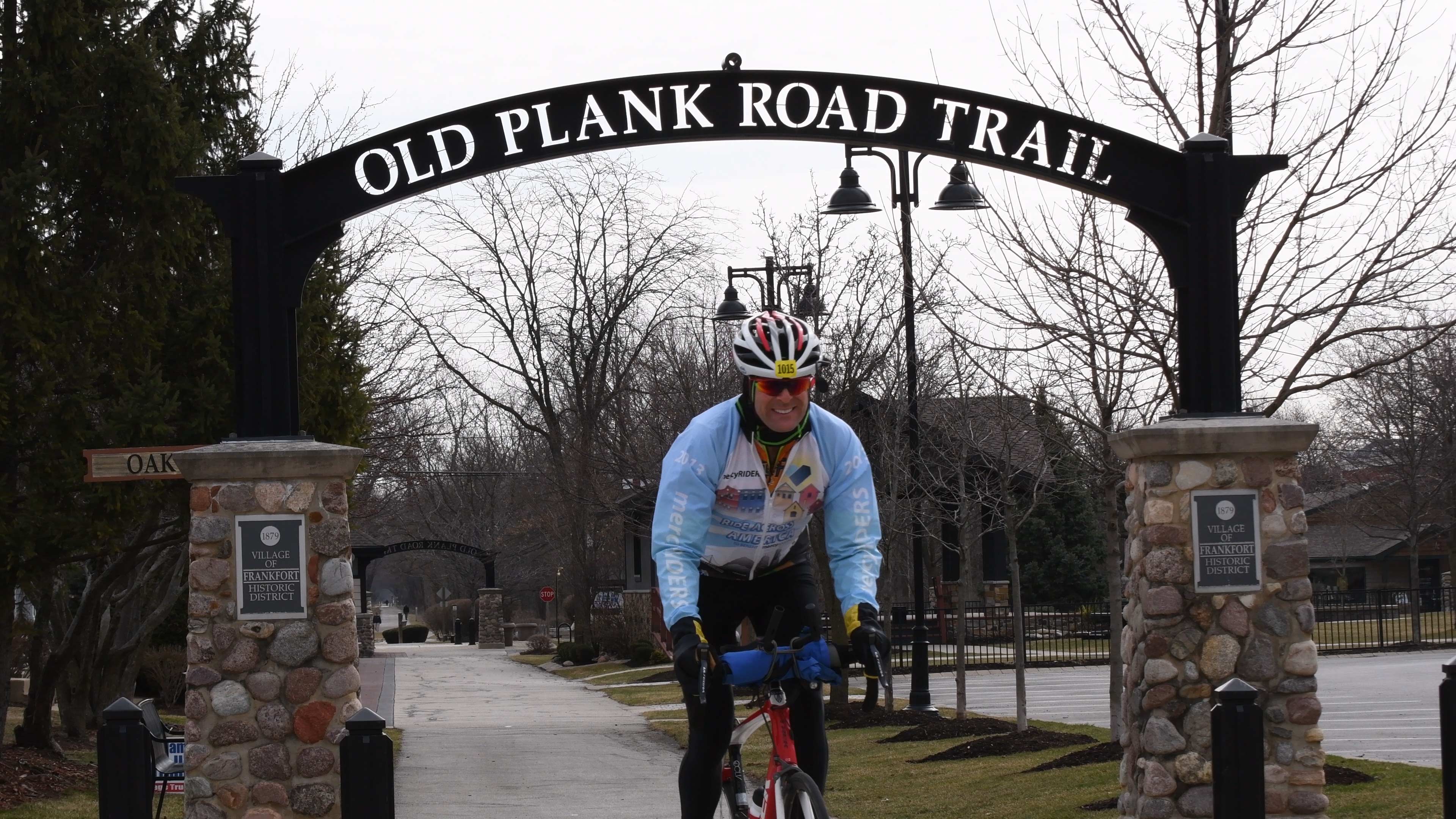 A bicyclist along the Old Plank Road Trail.