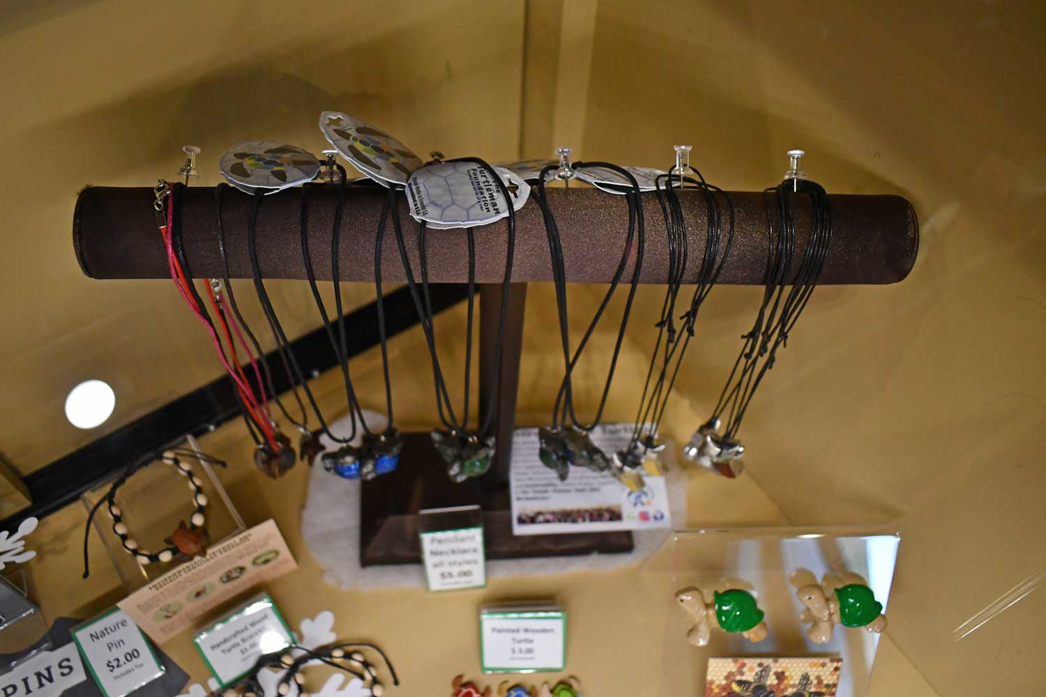 A close-up of gift shop items for sale.