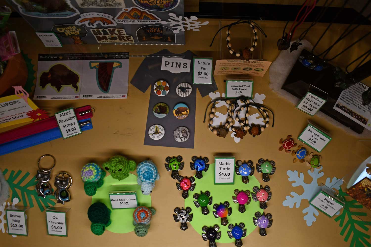 A close-up of gift shop items for sale.