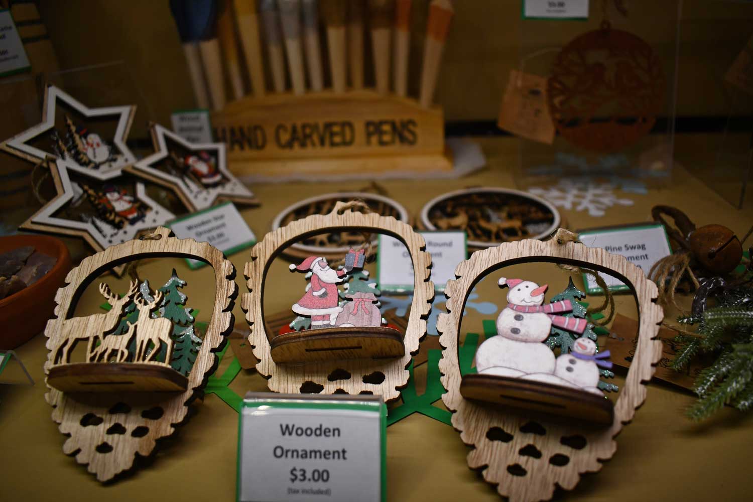 A close-up of gift shop items for sale.
