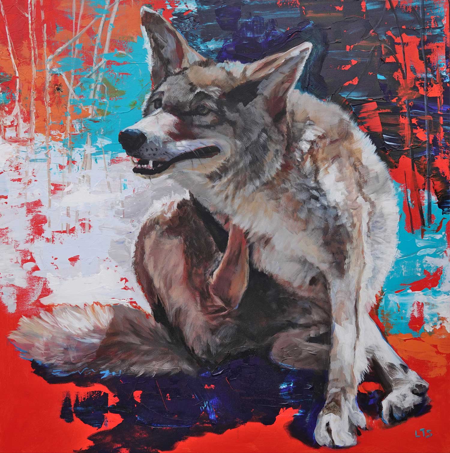 A painting of a coyote scratching itself.