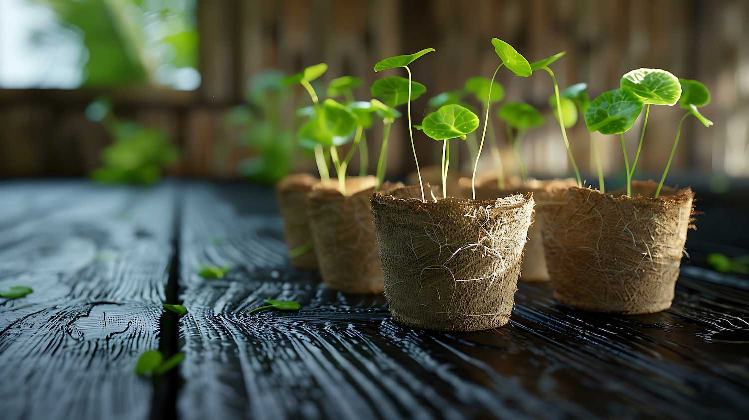 A group of young seedings growing in peat pots on a wooden table with a window in the background.