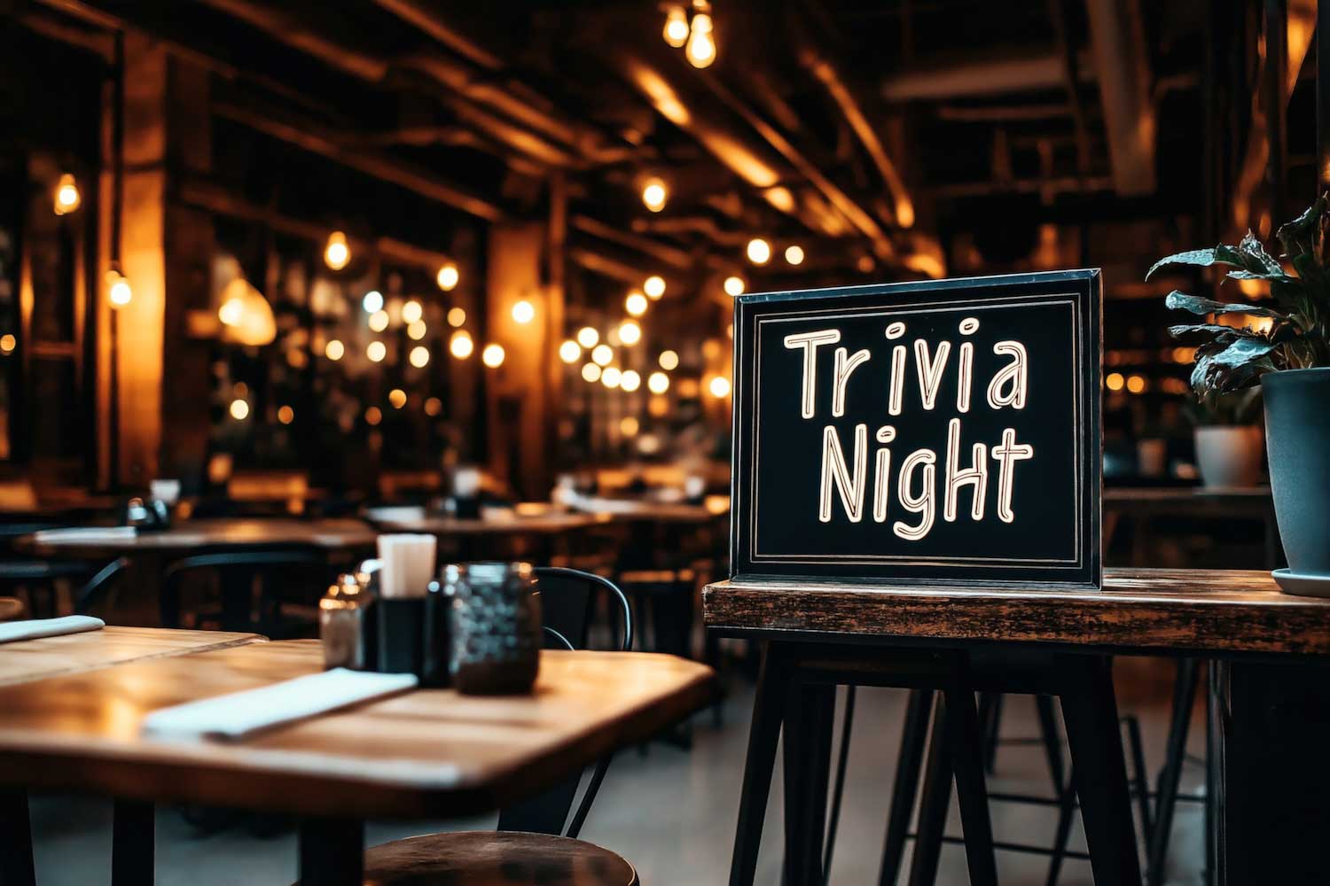 A Trivia Night sign sitting atop a table in a bar.