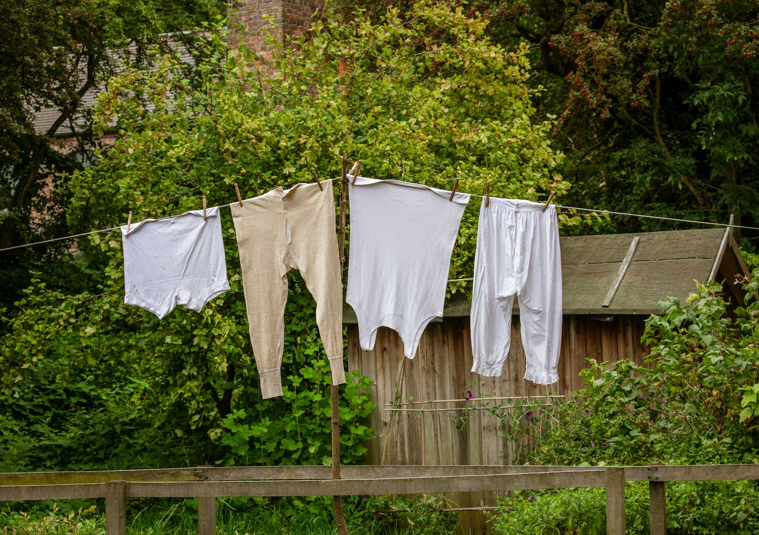Vintage underwear and underclothes hanging from a clothes line.