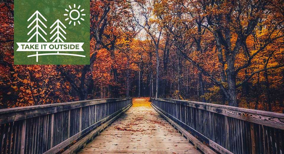 A bridge surrounded by trees in full fall color.
