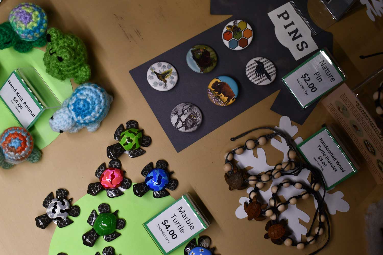 A close-up of gift shop items for sale.