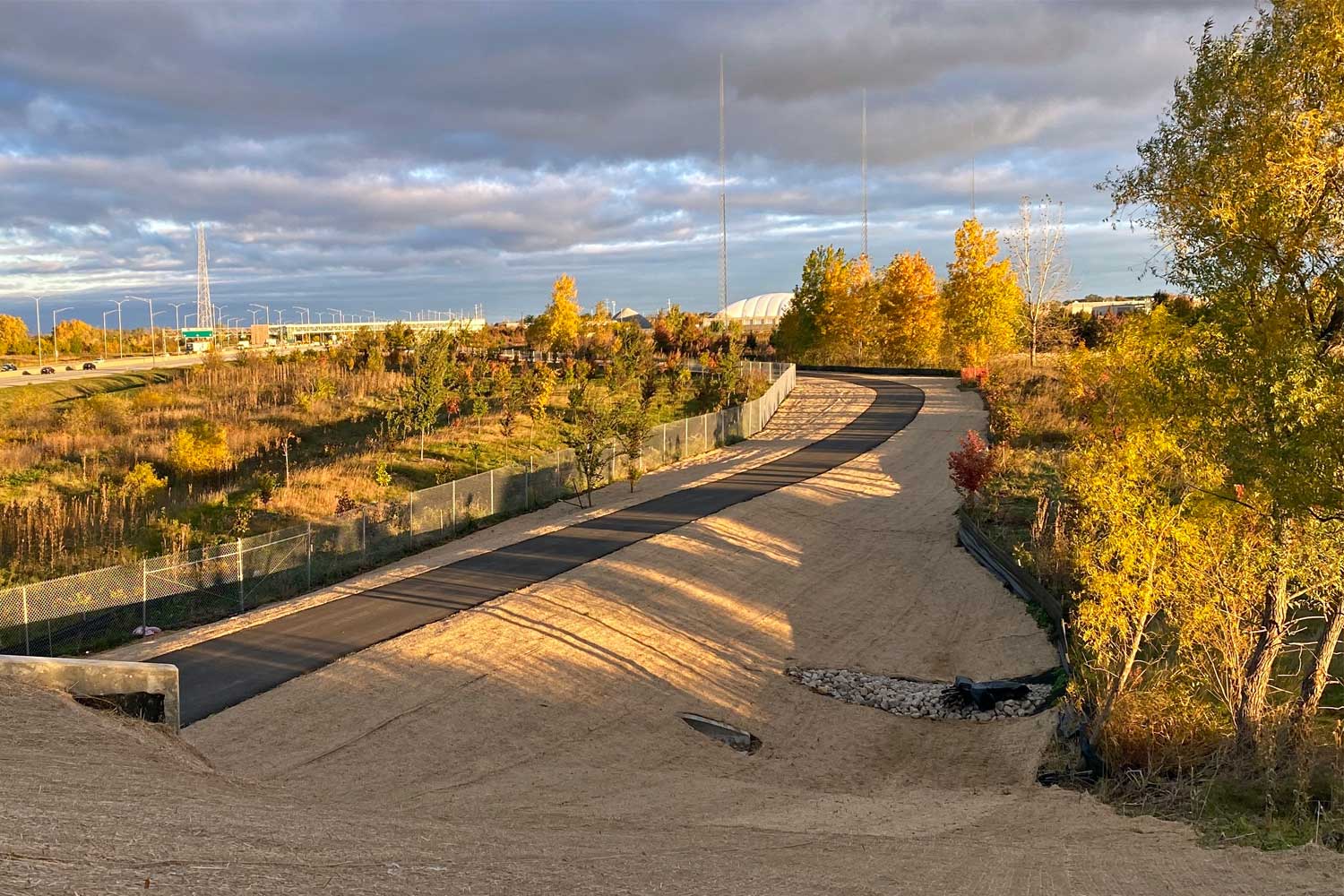 Aerial view of trail along interstate