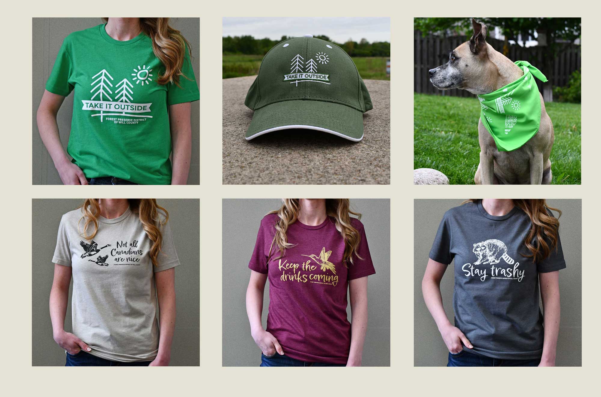 A screenshot of T-shirts, a hat and a bandana for sale.