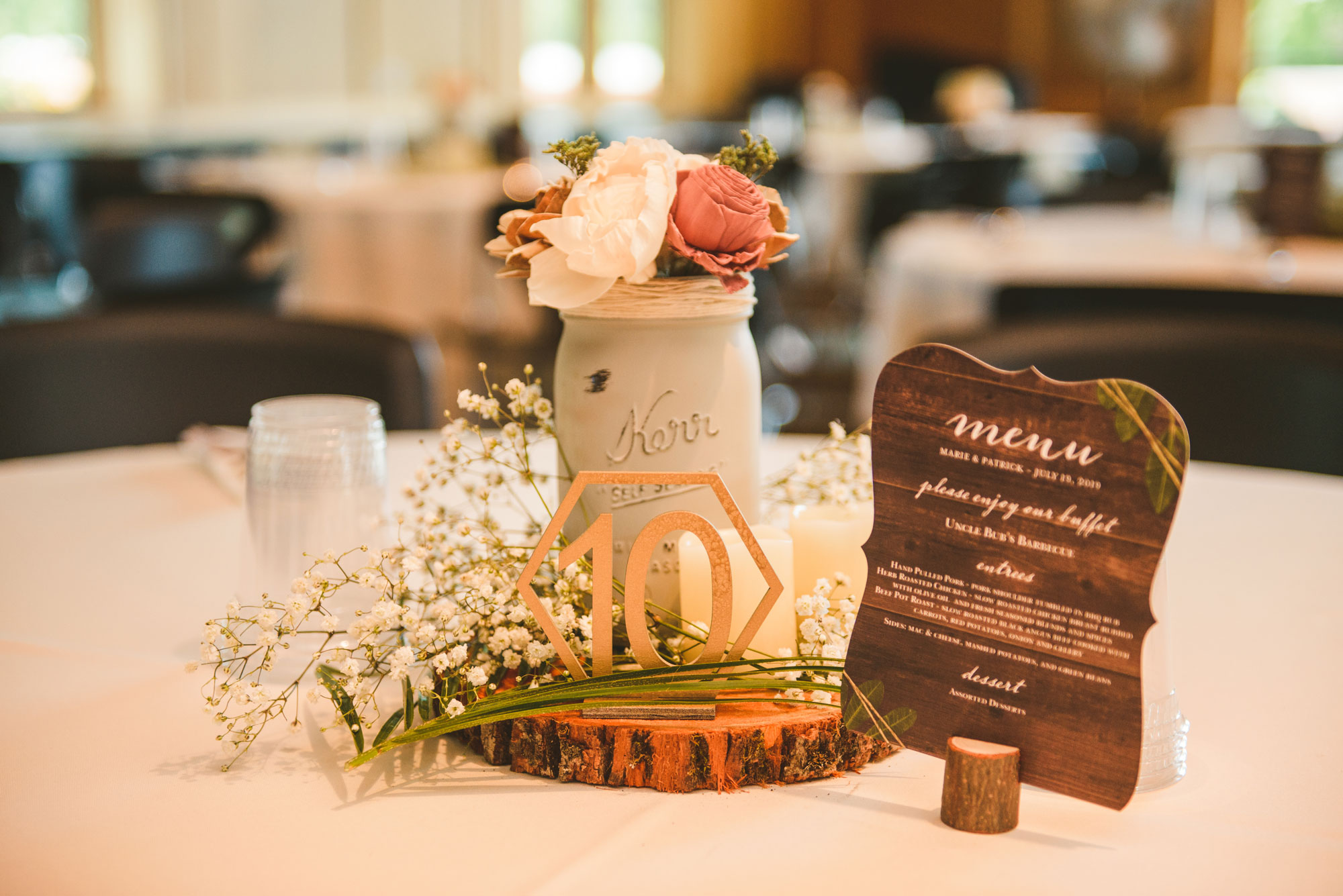 A centerpiece on a wedding table.