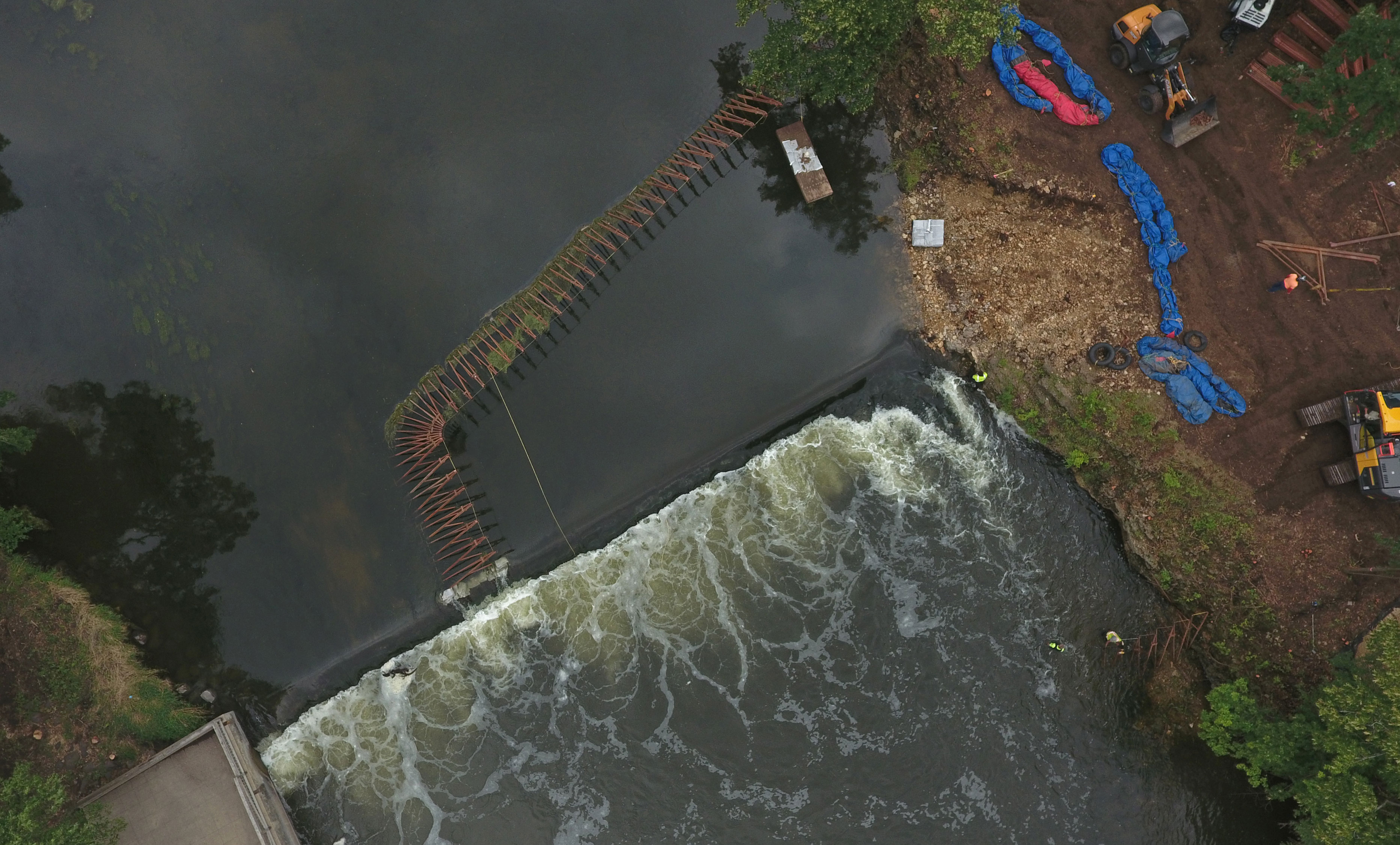 An aerial view of Hammel Woods dam.