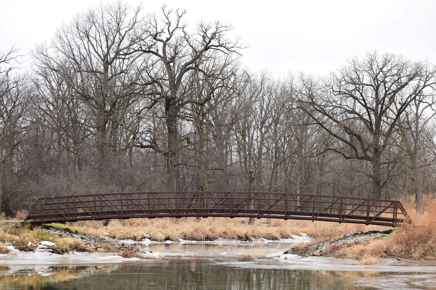 A bridge spanning water with bare trees in the background.