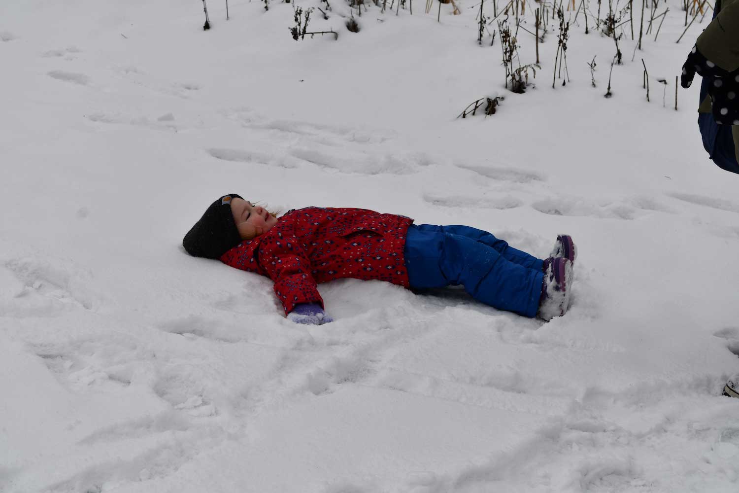 A child laying in the snow in full snow gear.