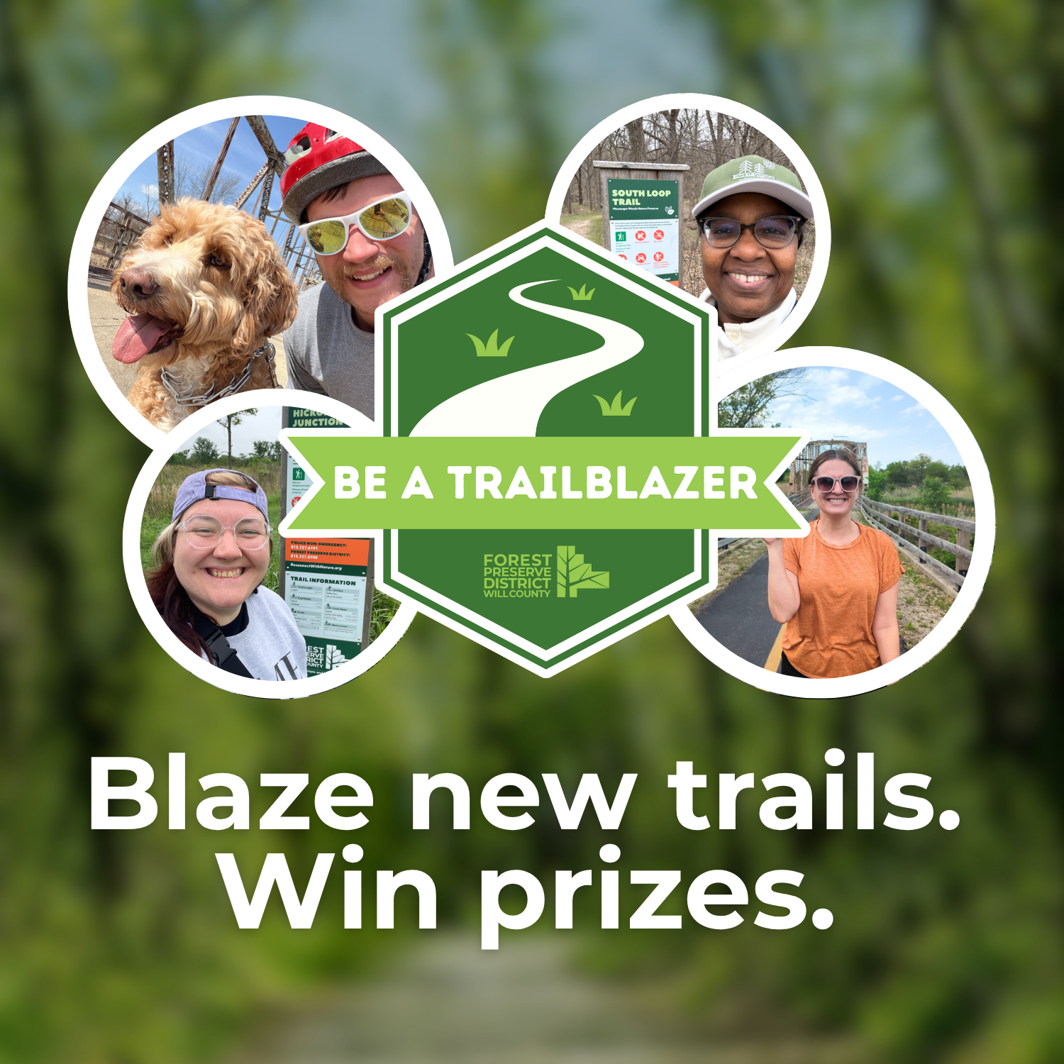 Images of people and "blaze new trails, win prizes" messaging