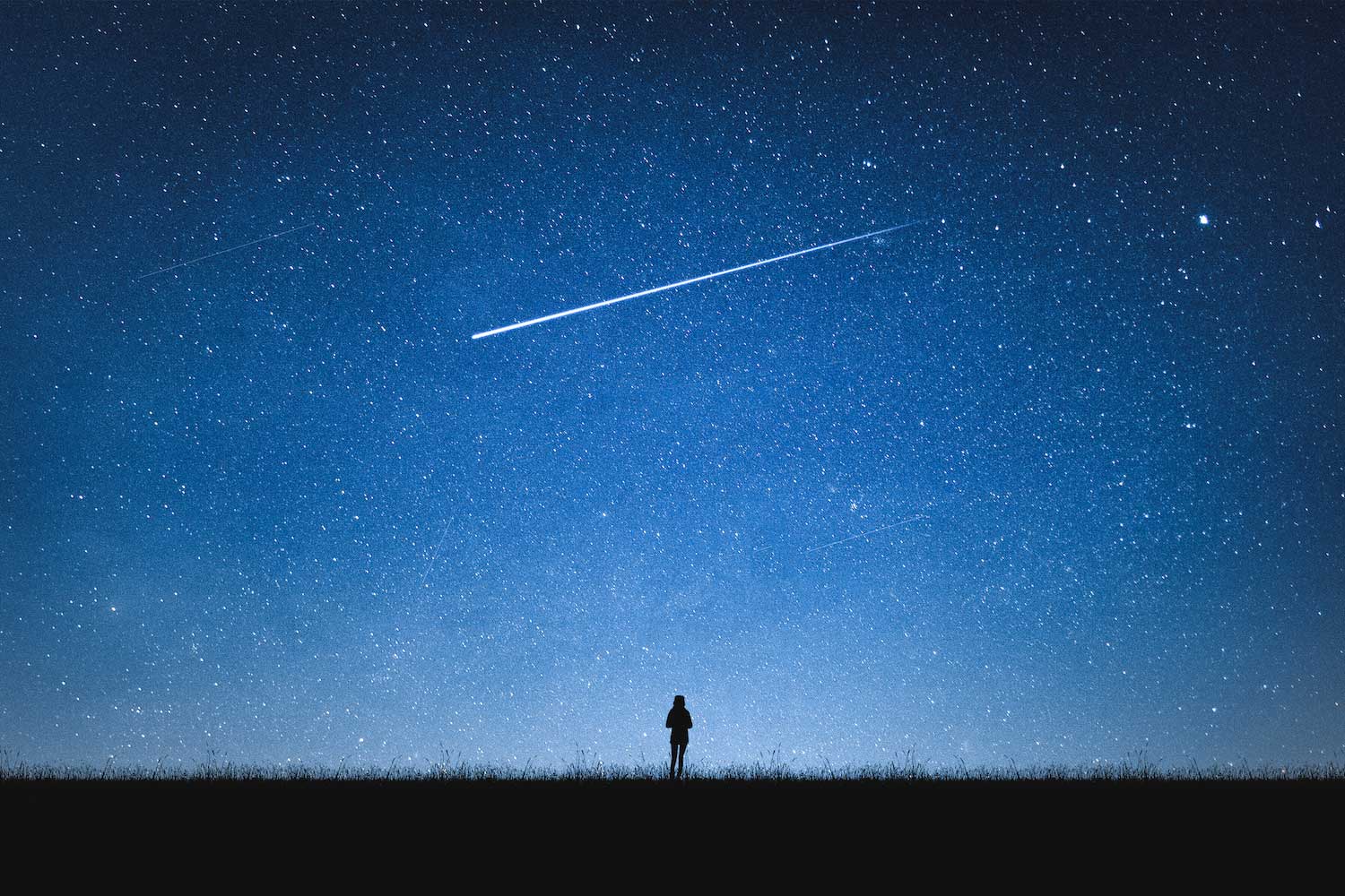A person standing in a field with a star-filled sky above. A meteor is streaking across the sky.