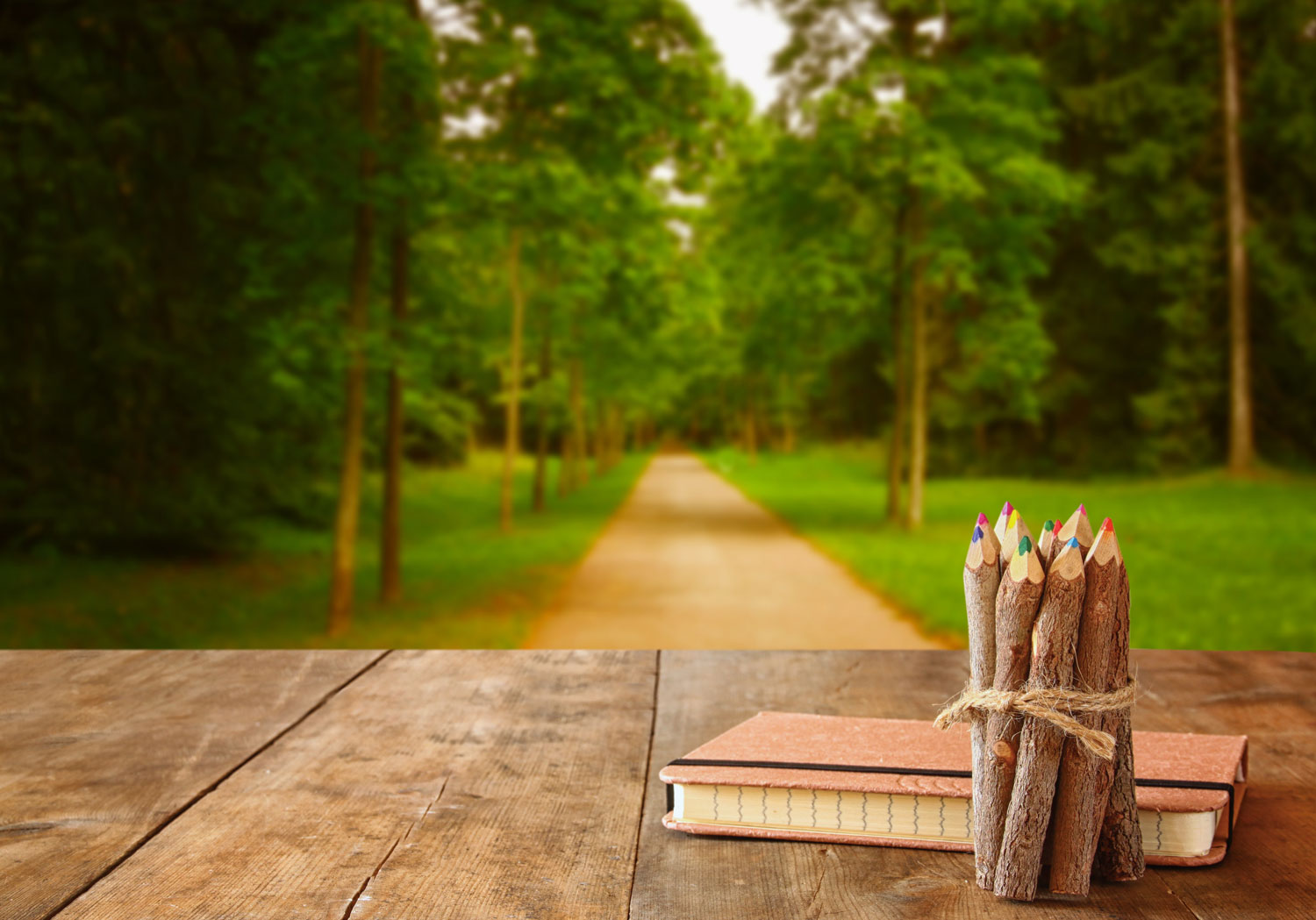 A journal and pencils on a wooden table outside.