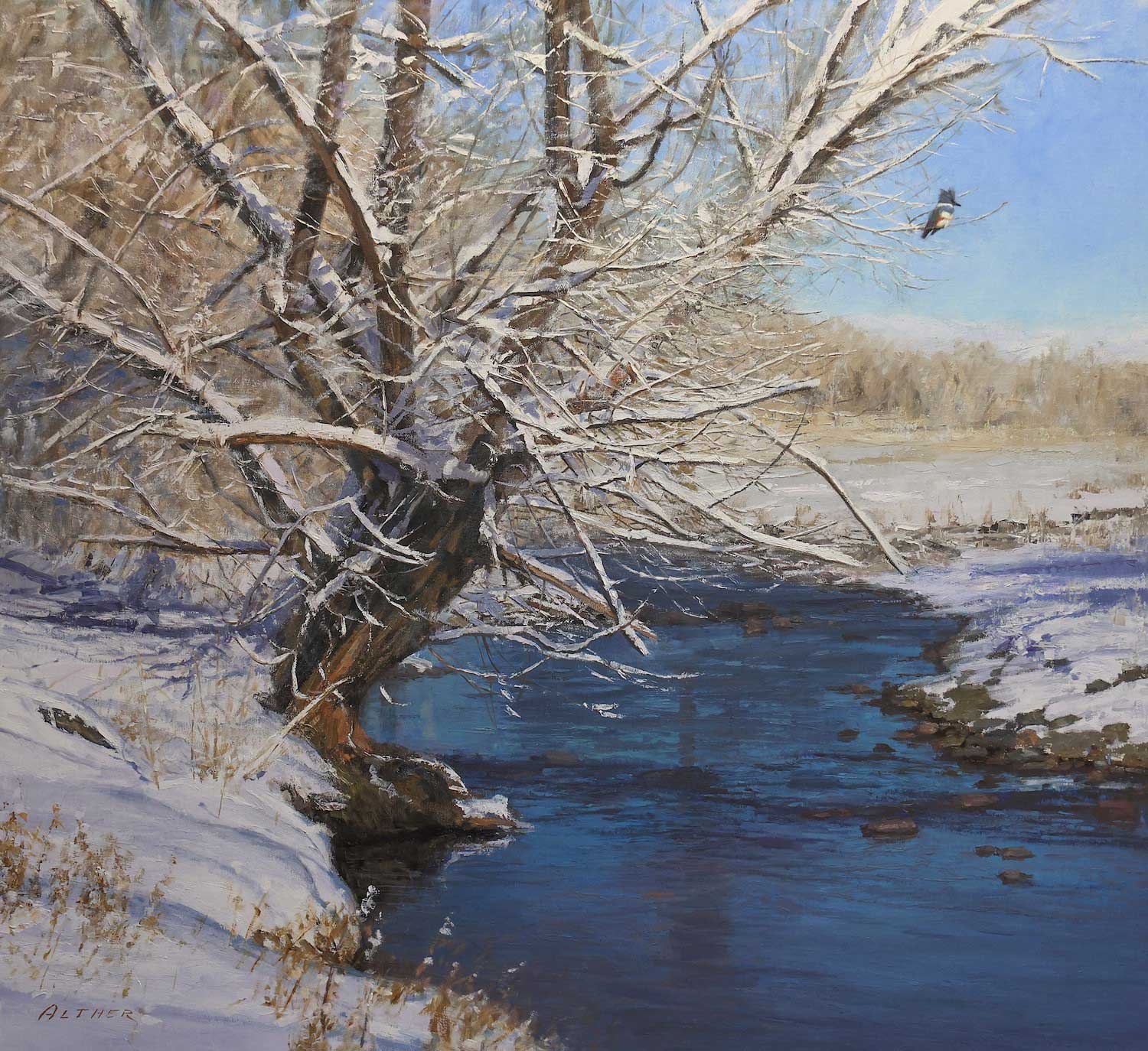 A painting of a creek in winter lined by grass and trees covered with snow.