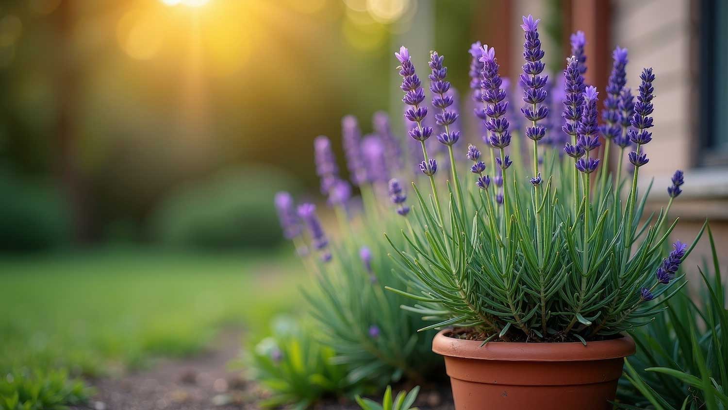 A lavender plant in a pot next to a building and a walkway.