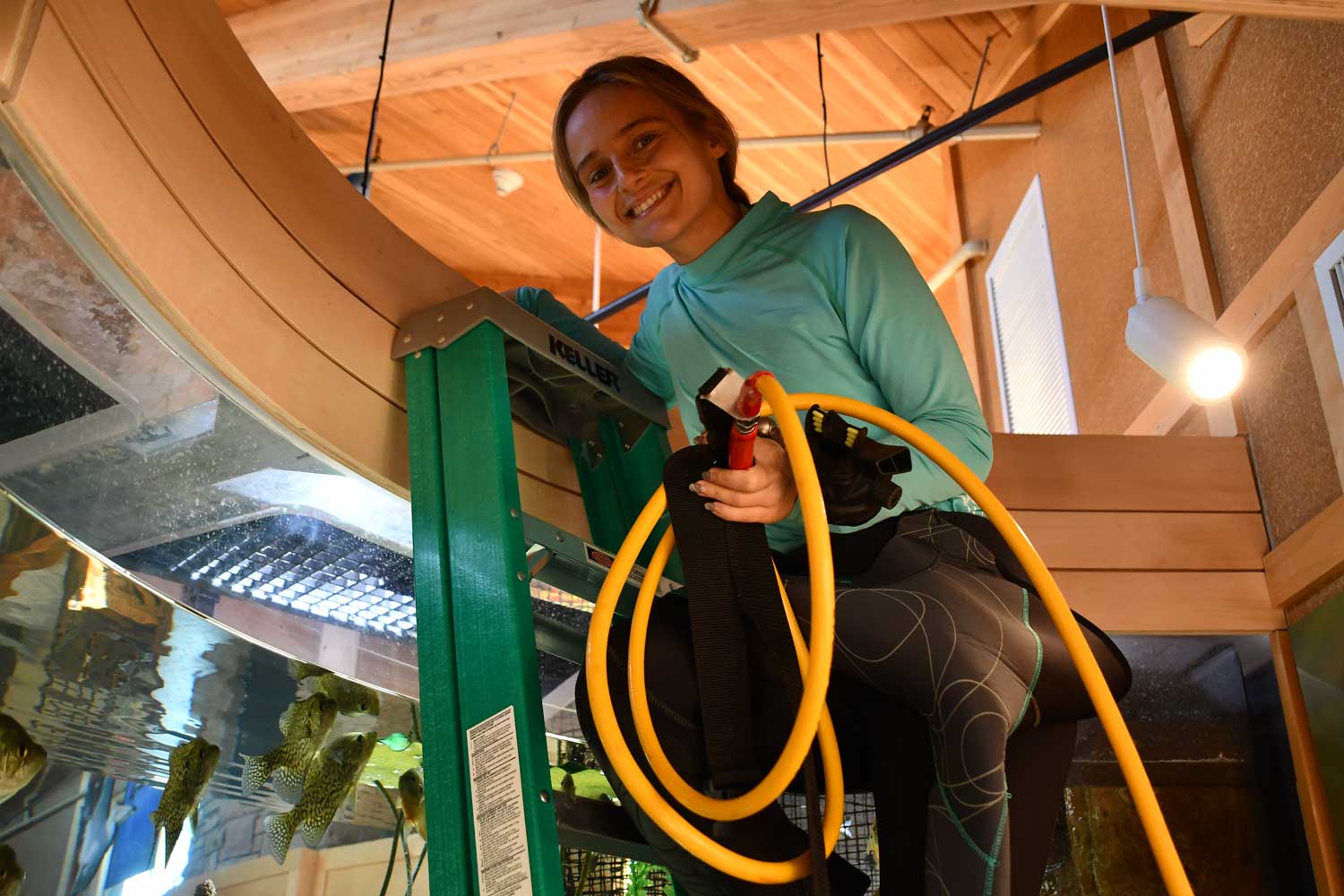 A woman gets ready to enter a large fish tank
