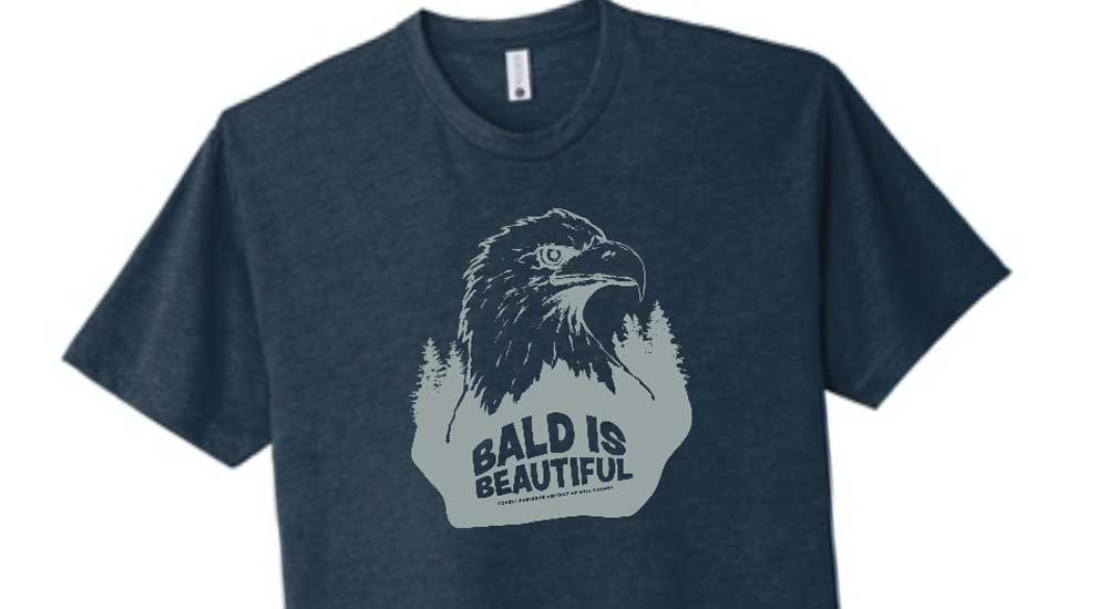Blue shirt that says bald is beautiful with an eagle image