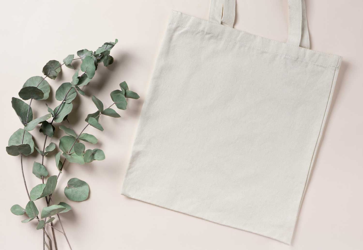 A canvas tote bag laying flat on a table with a plant stem next to it.