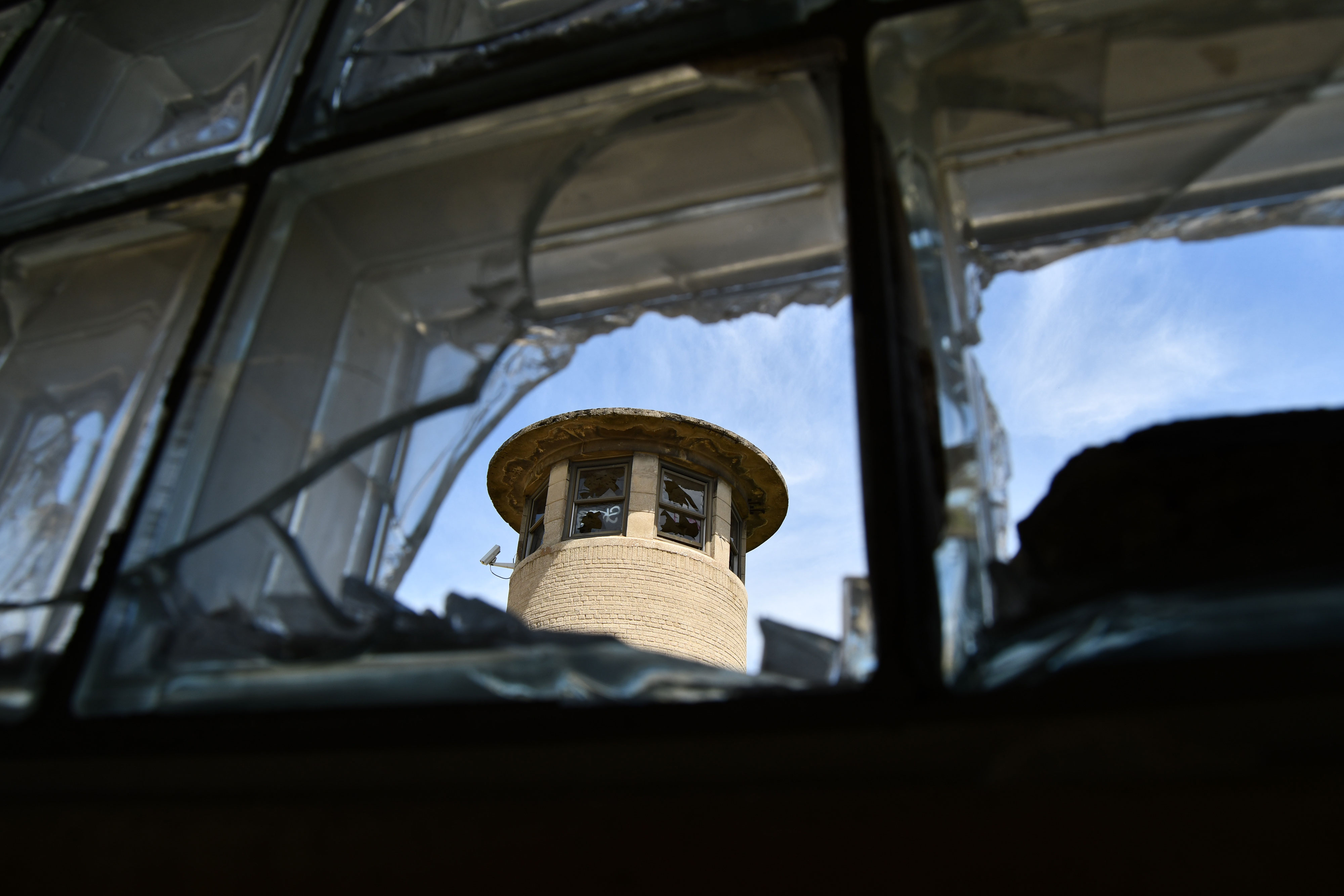 View of the vandalized windows at the prison.