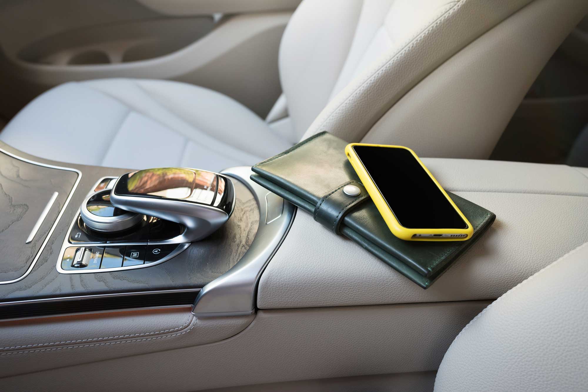 Valuables on a center console in a car