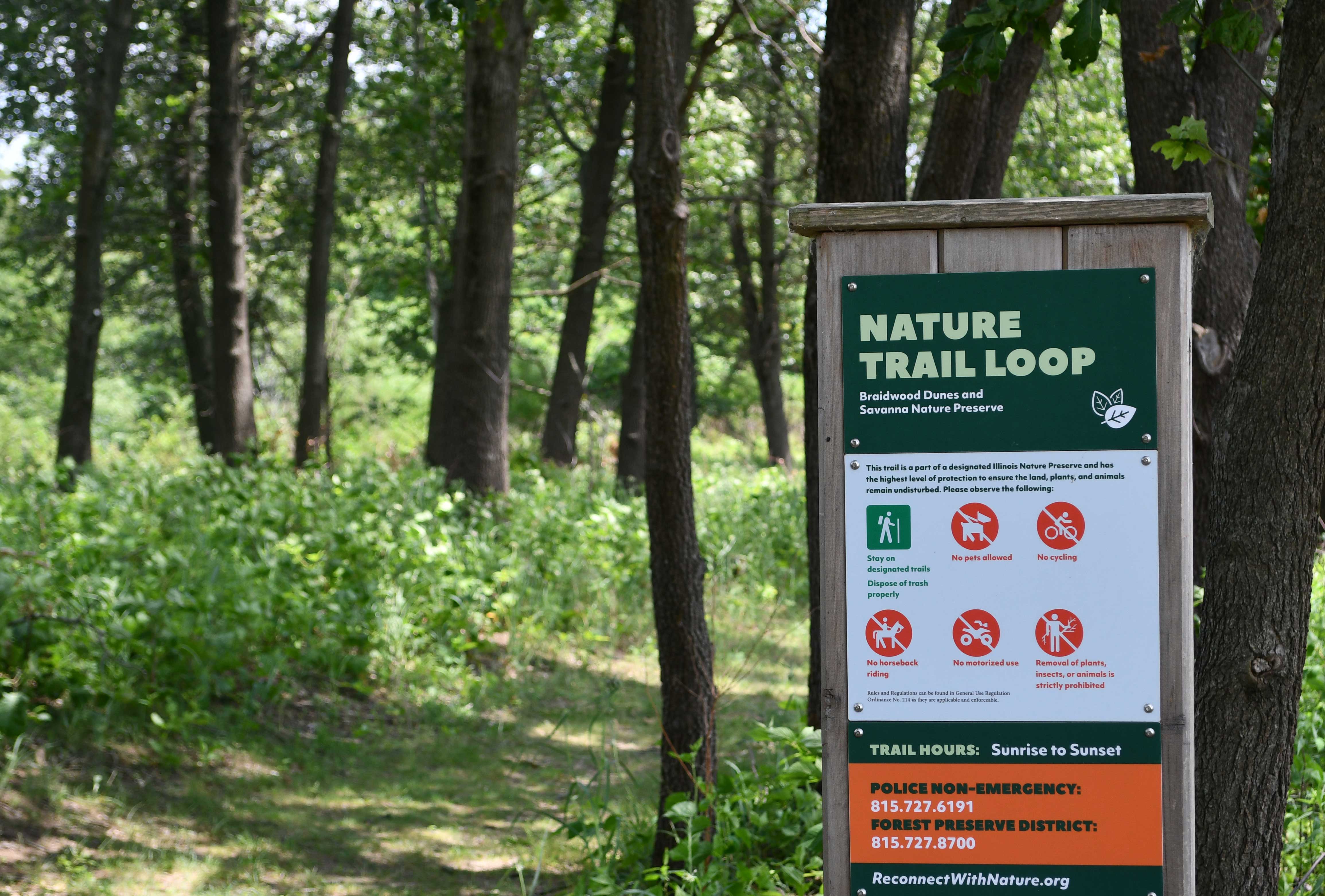 A wooden trailhead sign for the Nature Trail Loop at Braidwood Dunes and Savanna Nature Preserve stands beside a forested path.