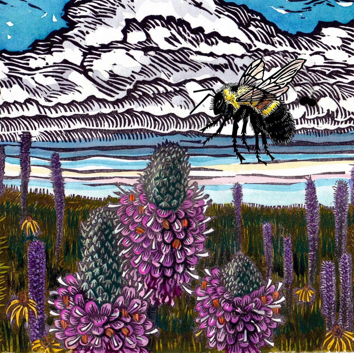 A painting of a bumble bee over wildflowers 