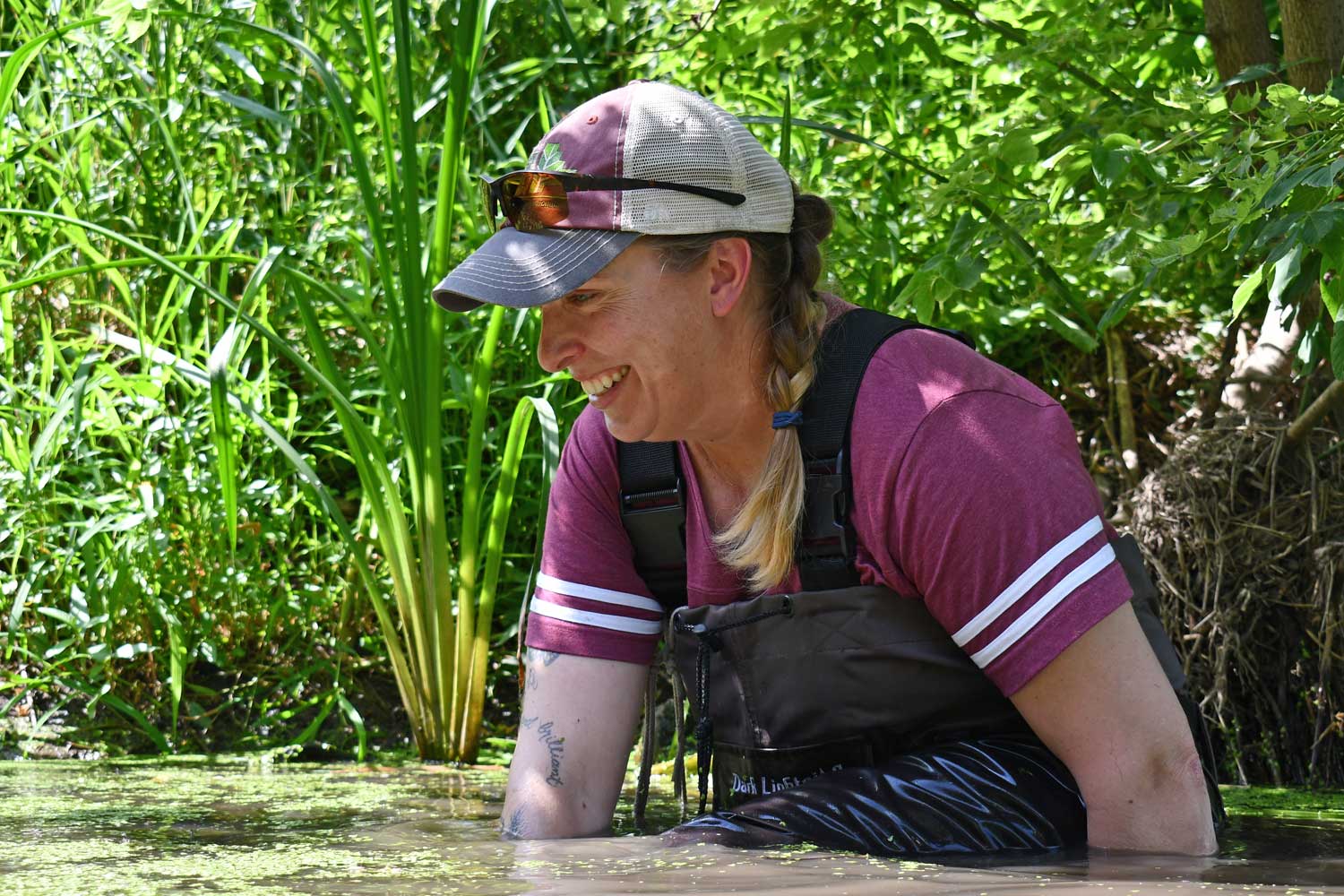 Person in a creek searching for freshwater mussels.