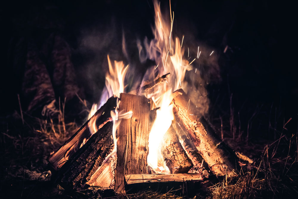 A roaring campfire.